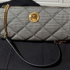 Versace Black & White Quilted Houndstooth Shoulder Bag with Gold Medallion